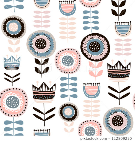 Seamless pattern with decorative flowers in scandinavan style. Creative botanical background. Perfect for kids apparel,fabric, textile, nursery decoration,wrapping paper.Vector Illustration 112809250