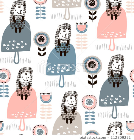 Seamless pattern with hedgehogs and mushrooms. Creative woodland background. Perfect for kids apparel,fabric, textile, nursery decoration,wrapping paper.Vector Illustration Seamless pattern with hedgehogs and mushrooms. Creative woodland background. Perfect for kids apparel,fabric, textile, nursery decoration,wrapping paper.Vector Illustration 112809251