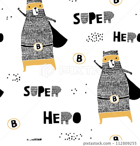 Seamless pattern with hand drawn bear hero. Creative childish texture in scandinavian style. Great for fabric, textile Vector Illustration 112809255