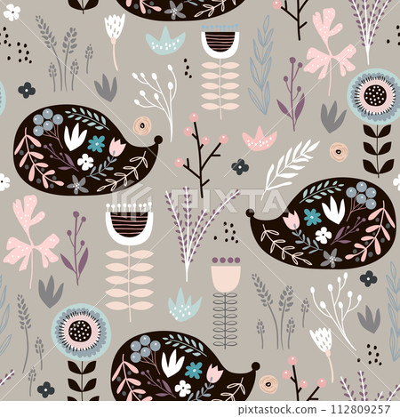 Seamless pattern hedgehogs with floral elements, branches. Creative woodland background. Perfect for kids apparel,fabric, textile, nursery decoration,wrapping paper.Vector Illustration 112809257