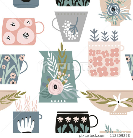 Seamless minimalistic pattern with flowers in cups,mugs and plates. Creative fashion background. Perfect for fabric, wrapping, wallpaper, textile, apparel 112809258