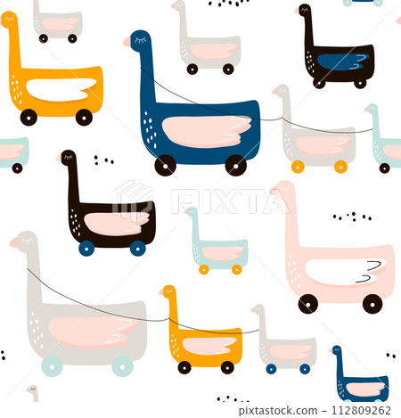 Cute duck on wheels childish pattern. Creative nursery background. Perfect for kids design, fabric, wrapping, wallpaper, textile, apparel Cute duck on wheels childish pattern. Creative nursery background. Perfect for kids design, fabric, wrapping, wallpaper, textile, apparel 112809262