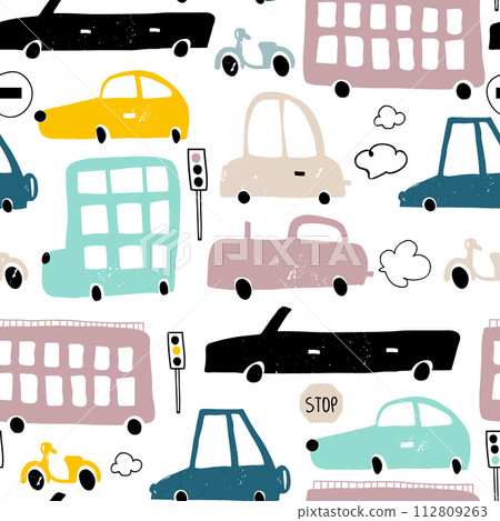Seamless pattern with hand drawn cute car. Cartoon cars, road sign,zebra crossing vector illustration.Perfect for kids fabric,textile,nursery wallpaper 112809263