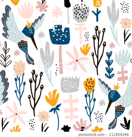 Seamless pattern with colibri and flowers. Creative botanical height detailed background. Perfect for kids apparel,fabric, textile, nursery decoration,wrapping paper.Vector Illustration Seamless pattern with colibri and flowers. Creative botanical height detailed background. Perfect for kids apparel,fabric, textile, nursery decoration,wrapping paper.Vector Illustration 112809266