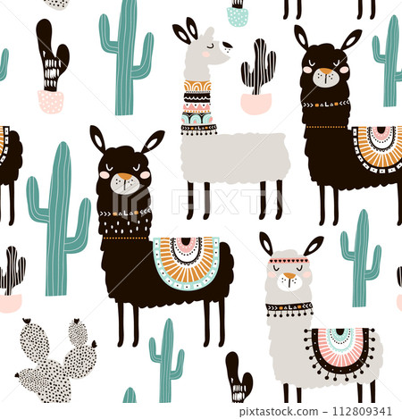 Seamless pattern with llama, cactus and hand drawn elements. Creative childish texture. Great for fabric, textile Vector Illustration 112809341