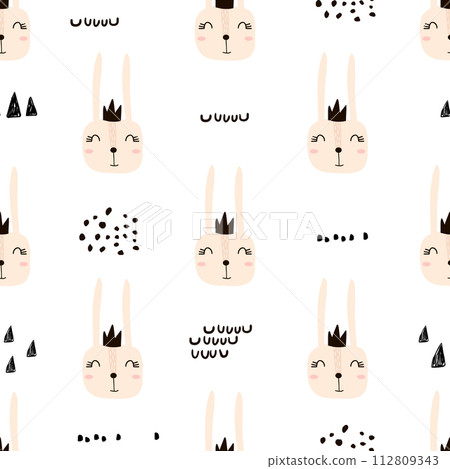 Seamless childish pattern with cute bunny girl faces. Creative nursery background. Perfect for kids design, fabric, wrapping, wallpaper, textile, apparel Seamless childish pattern with cute bunny girl faces. Creative nursery background. Perfect for kids design, fabric, wrapping, wallpaper, textile, apparel 112809343