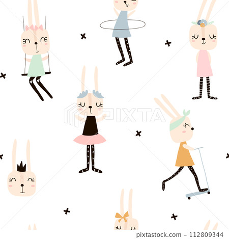 Seamless pattern with cute rabbit girls . Creative childish background. Perfect for kids apparel,fabric, textile, nursery decoration,wrapping paper.Vector Illustration Seamless pattern with cute rabbit girls . Creative childish background. Perfect for kids apparel,fabric, textile, nursery decoration,wrapping paper.Vector Illustration 112809344