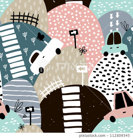 Seamless pattern with hand drawn cute car and hills. Cartoon cars, road sign, zebra crossing vector illustration. Perfect for kids fabric,textile,nursery wallpaper 112809345