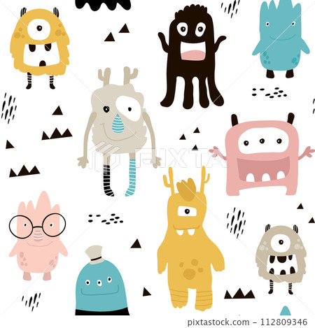 Childish seamless pattern with cute monsters. Trendy scandinavian vector background. Perfect for kids apparel,fabric, textile, nursery decoration,wrapping paper Childish seamless pattern with cute monsters. Trendy scandinavian vector background. Perfect for kids apparel,fabric, textile, nursery decoration,wrapping paper 112809346
