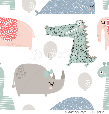 Seamless pattern with rhinoceros, elephant, crocodile, whale. Creative bay animals background. Perfect for kids apparel,fabric, textile, nursery decoration,wrapping paper.Vector Illustration 112809349
