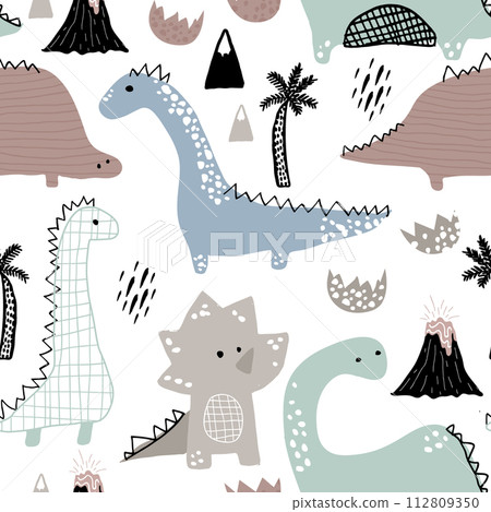 Childish seamless pattern with hand drawn dino in scandinavian style. Creative vector childish background for fabric, textile 112809350