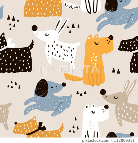 Childish seamless pattern with hand drawn dogs. Trendy scandinavian vector background. Perfect for kids apparel,fabric, textile, nursery decoration,wrapping paper Childish seamless pattern with hand drawn dogs. Trendy scandinavian vector background. Perfect for kids apparel,fabric, textile, nursery decoration,wrapping paper 112809351