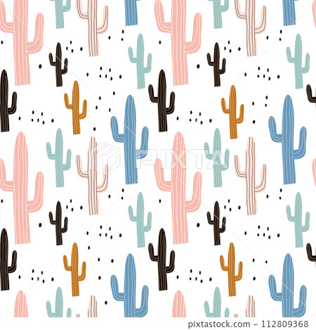 Seamless pattern with cactuses and hand drawn textures.Perfect for fabric,textile.Vector pastel background Seamless pattern with cactuses and hand drawn textures.Perfect for fabric,textile.Vector pastel background 112809368