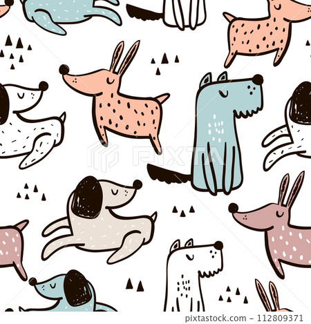 Childish seamless pattern with hand drawn dogs. Trendy scandinavian vector background. Perfect for kids apparel,fabric, textile, nursery decoration,wrapping paper 112809371