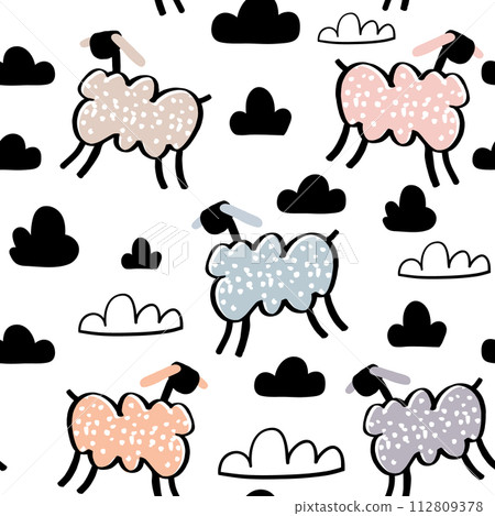 Childish seamless pattern with hand drawn sheeps. Trendy scandinavian vector background. Perfect for kids apparel,fabric, textile, nursery decoration,wrapping paper Childish seamless pattern with hand drawn sheeps. Trendy scandinavian vector background. Perfect for kids apparel,fabric, textile, nursery decoration,wrapping paper 112809378