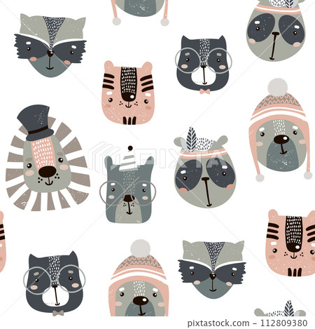 Seamless childish pattern with cute animal faces. Creative nursery background. Perfect for kids design, fabric, wrapping, wallpaper, textile, apparel Seamless childish pattern with cute animal faces. Creative nursery background. Perfect for kids design, fabric, wrapping, wallpaper, textile, apparel 112809380