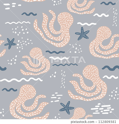 Seamless pattern with abstract octopus and starfish. Scandinavian Childish texture for fabric, textile. Vector background Seamless pattern with abstract octopus and starfish. Scandinavian Childish texture for fabric, textile. Vector background 112809381