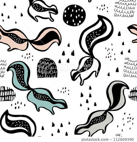 Childish seamless pattern with hand drawn skunk. Trendy scandinavian vector background. Perfect for kids apparel,fabric, textile, nursery decoration,wrapping paper 112809390