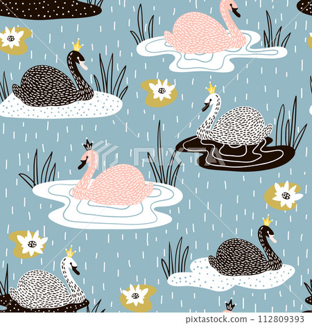 Seamless childish pattern with swan princess on lake,Creative nursery background. Perfect for kids design, fabric, wrapping, wallpaper, textile, apparel 112809393