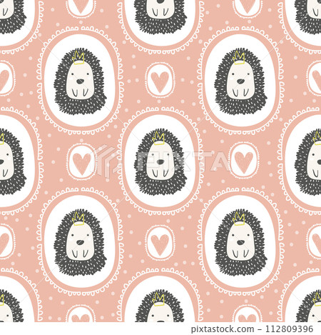 Childish seamless pattern with cute hedgehog. Trendy scandinavian vector background. Perfect for kids apparel,fabric, textile, nursery decoration,wrapping paper Childish seamless pattern with cute hedgehog. Trendy scandinavian vector background. Perfect for kids apparel,fabric, textile, nursery decoration,wrapping paper 112809396