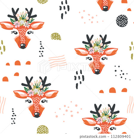 Seamless pattern with deers and drawn elements. Creative woodlan background. Perfect for kids apparel,fabric, textile, nursery decoration,wrapping paper.Vector Illustration Seamless pattern with deers and drawn elements. Creative woodlan background. Perfect for kids apparel,fabric, textile, nursery decoration,wrapping paper.Vector Illustration 112809401