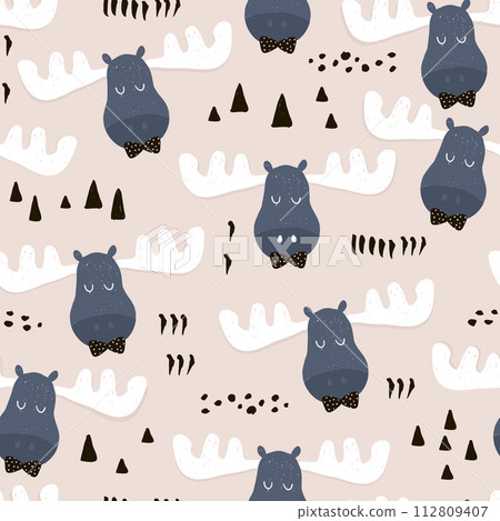 Childish seamless pattern with elk faces and hand drawn textures. Trendy scandinavian vector background. Perfect for kids apparel,fabric, textile, nursery decoration,wrapping paper 112809407