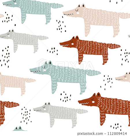 Childish seamless pattern with hand drawn wolf. Trendy scandinavian vector background. Perfect for kids apparel,fabric, textile, nursery decoration,wrapping paper Childish seamless pattern with hand drawn wolf. Trendy scandinavian vector background. Perfect for kids apparel,fabric, textile, nursery decoration,wrapping paper 112809414