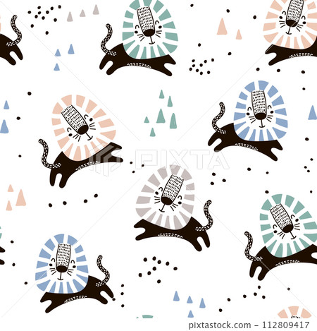 Childish seamless pattern with hand drawn lions. Trendy scandinavian vector background. Perfect for kids apparel,fabric, textile, nursery decoration,wrapping paper Childish seamless pattern with hand drawn lions. Trendy scandinavian vector background. Perfect for kids apparel,fabric, textile, nursery decoration,wrapping paper 112809417