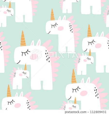Cute seamless pattern with fairy unicorns. Childish texture for fabric, textile. Scandinavian style. Vector Illustration Cute seamless pattern with fairy unicorns. Childish texture for fabric, textile. Scandinavian style. Vector Illustration 112809431