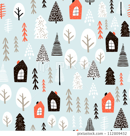 Seamless pattern with winter houses, wood, trees, and ink drawn elements. Creative christmas background. Vector Illustration 112809432