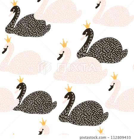 Seamless childish pattern with black and white swan princess. Creative nursery background. Perfect for kids design, fabric, wrapping, wallpaper, textile, apparel 112809433