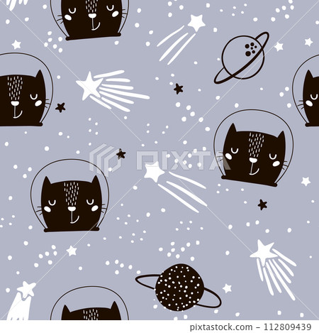 Seamless childish pattern with cute cats astronauts. Creative nursery background. Perfect for kids design, fabric, wrapping, wallpaper, textile, apparel Seamless childish pattern with cute cats astronauts. Creative nursery background. Perfect for kids design, fabric, wrapping, wallpaper, textile, apparel 112809439