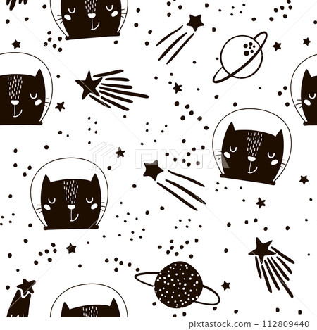 Seamless childish pattern with cute cats astronauts. Creative nursery background. Perfect for kids design, fabric, wrapping, wallpaper, textile, apparel Seamless childish pattern with cute cats astronauts. Creative nursery background. Perfect for kids design, fabric, wrapping, wallpaper, textile, apparel 112809440