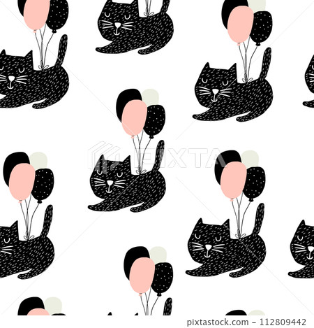 Seamless childish pattern with cute cats flying with balloon. Creative nursery background. Perfect for kids design, fabric, wrapping, wallpaper, textile, apparel Seamless childish pattern with cute cats flying with balloon. Creative nursery background. Perfect for kids design, fabric, wrapping, wallpaper, textile, apparel 112809442