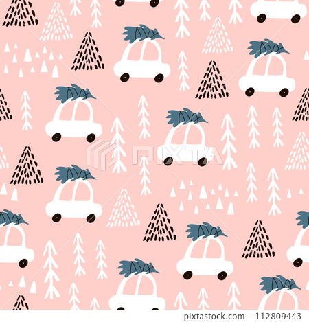 Seamless pattern with cartoon car going with christmas tree, forest elements and hand drawn shapes. Childish texture. Great for fabric, textile Vector Illustration Seamless pattern with cartoon car going with christmas tree, forest elements and hand drawn shapes. Childish texture. Great for fabric, textile Vector Illustration 112809443