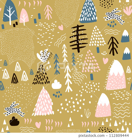 Seamless pattern with bunny forest elements and hand drawn shapes. Childish texture. Great for fabric, textile Vector Illustration Seamless pattern with bunny forest elements and hand drawn shapes. Childish texture. Great for fabric, textile Vector Illustration 112809444