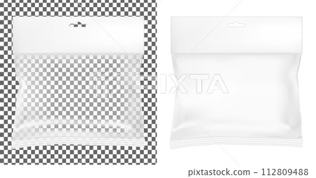 Transparent empty plastic packaging. Blank sachet with hang slot 112809488