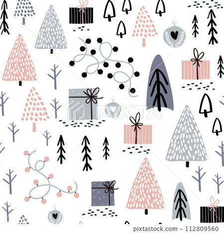 Seamless winter pattern with gift box, tree, christmas light. Creative christmas background. Vector Illustration Seamless winter pattern with gift box, tree, christmas light. Creative christmas background. Vector Illustration 112809560