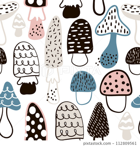Seamless pattern with hand drawn mushrooms. Childish texture in minimalistic style. Great for fabric, textile Vector Illustration Seamless pattern with hand drawn mushrooms. Childish texture in minimalistic style. Great for fabric, textile Vector Illustration 112809561