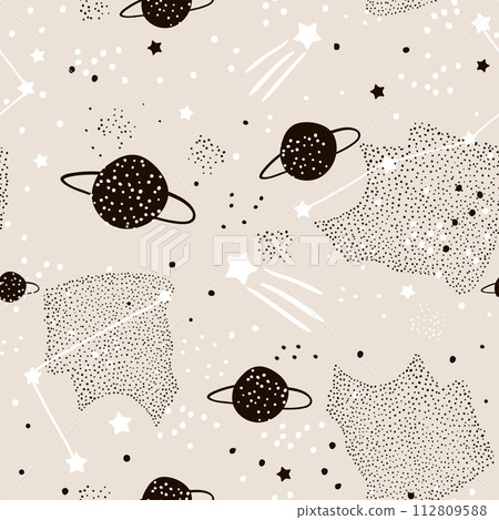 Seamless pattern with stars, constellations, planets and hand drawn elements. Childish texture. Great for fabric, textile Vector Illustration 112809588