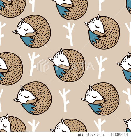 Seamless forest pattern with fox,branch and leaves.Minimalistic texture in scandinavian style.Vector background Seamless forest pattern with fox,branch and leaves.Minimalistic texture in scandinavian style.Vector background 112809614