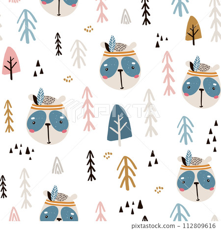 Seamless pattern with cute panda indian face and tree. Cartoon panda indian.Vector illustration. Perfect for kids fabric,textile,nursery wallpaper 112809616
