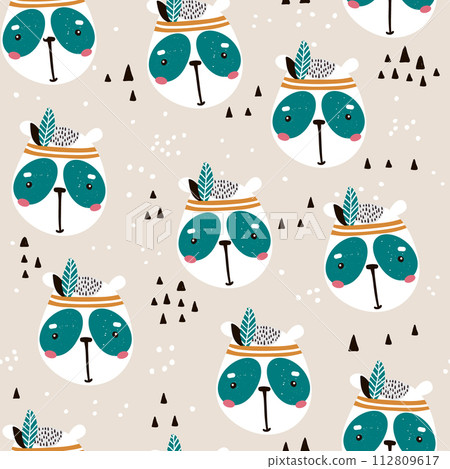 Seamless pattern with cute panda face. Cartoon panda indian.Vector illustration. Perfect for kids fabric,textile,nursery wallpaper 112809617