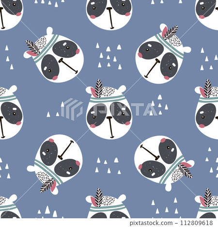 Seamless pattern with cute panda face. Cartoon panda indian.Vector illustration. Perfect for kids fabric,textile,nursery wallpaper 112809618