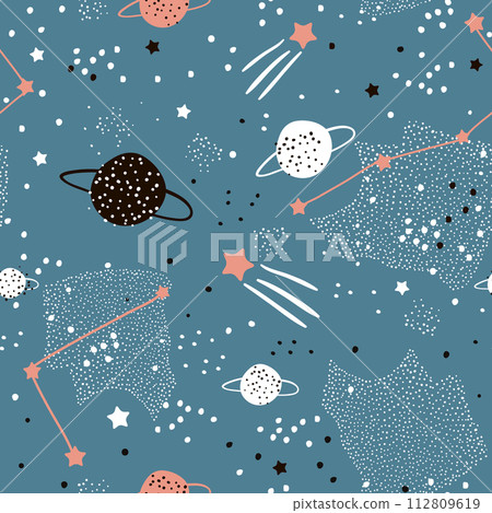 Seamless pattern with stars, constellations, planets and hand drawn elements. Childish texture. Great for fabric, textile Vector Illustration Seamless pattern with stars, constellations, planets and hand drawn elements. Childish texture. Great for fabric, textile Vector Illustration 112809619