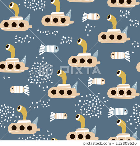 Seamless pattern with cartoon submarine and fishes . Childish texture for fabric, textile. Vector background 112809620