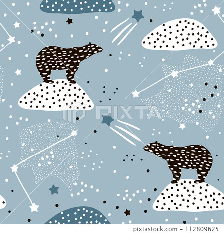 Seamless pattern with polar bears silhouette and Constellations . Perfect for fabric,textile.Vector background 112809625