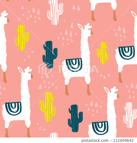 Seamless pattern with lamma, cactus and hand drawn elements. Childish texture. Great for fabric, textile Vector Illustration Seamless pattern with lamma, cactus and hand drawn elements. Childish texture. Great for fabric, textile Vector Illustration 112809642
