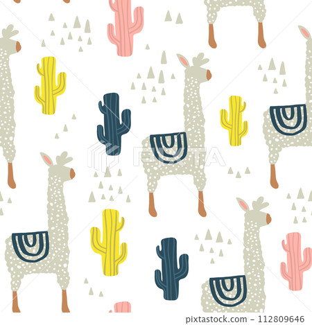Seamless pattern with lamma, cactus and hand drawn elements. Childish texture. Great for fabric, textile Vector Illustration 112809646