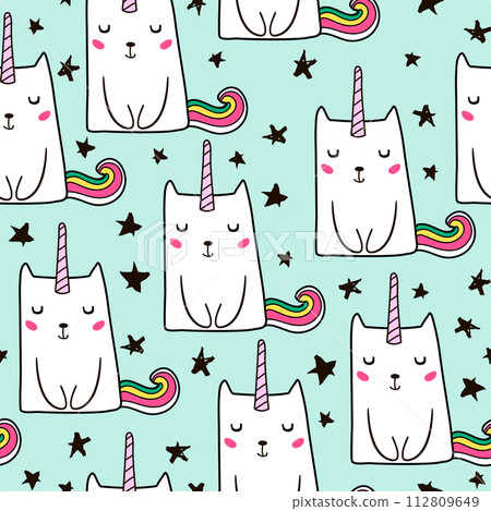 Seamless pattern with hand drawn cute cats unicorn. Cartoon cat vector illustration. Perfect for kids fabric,textile,nursery wallpaper Seamless pattern with hand drawn cute cats unicorn. Cartoon cat vector illustration. Perfect for kids fabric,textile,nursery wallpaper 112809649